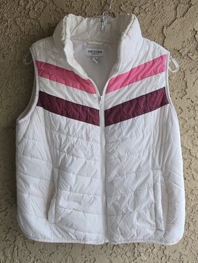 Arizona Women's White Puffer Vest with Pink & Burgundy Chevron | Size Large
